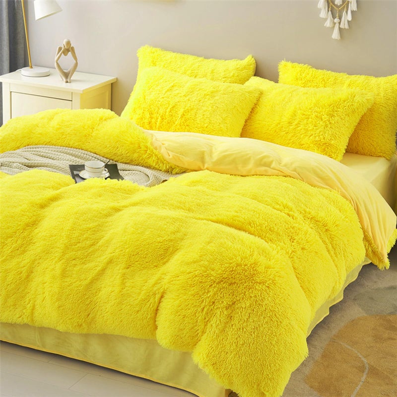 MorroMorn 5 PCS Shaggy Duvet Cover Bedding Set - Fluffy Comforter Cover Long Faux Fur Luxury Ultra Soft Cozy (Yellow, Full/Queen) - Image 2